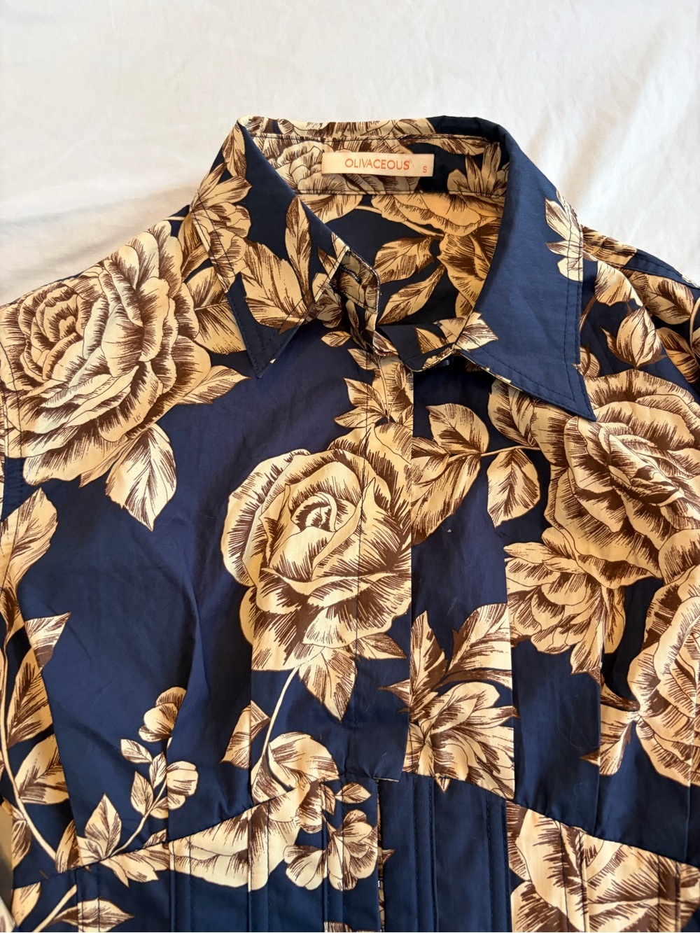 Olivaceous Navy Shirt with Cream Floral Print and Corset Bodice Size S